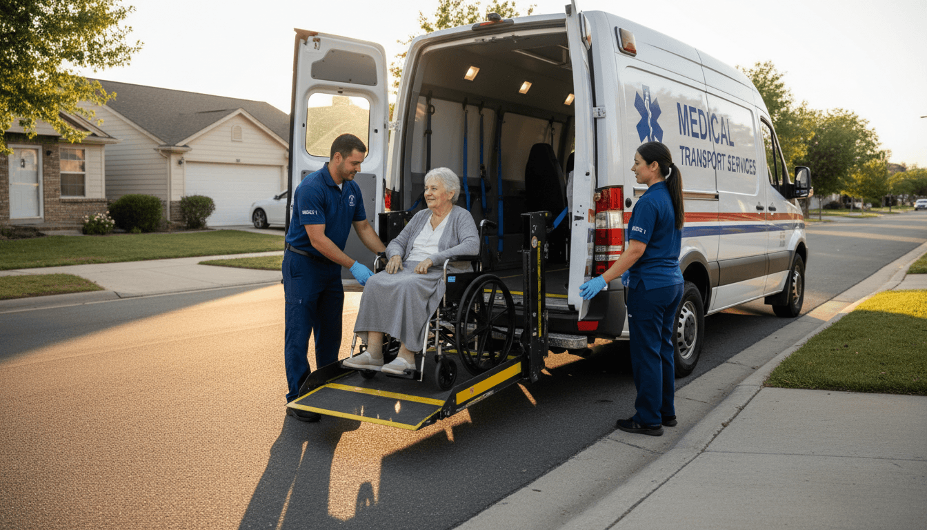 Two medical transport crew members assisting a patient in a wheelchair into a van with a wheelchair lift