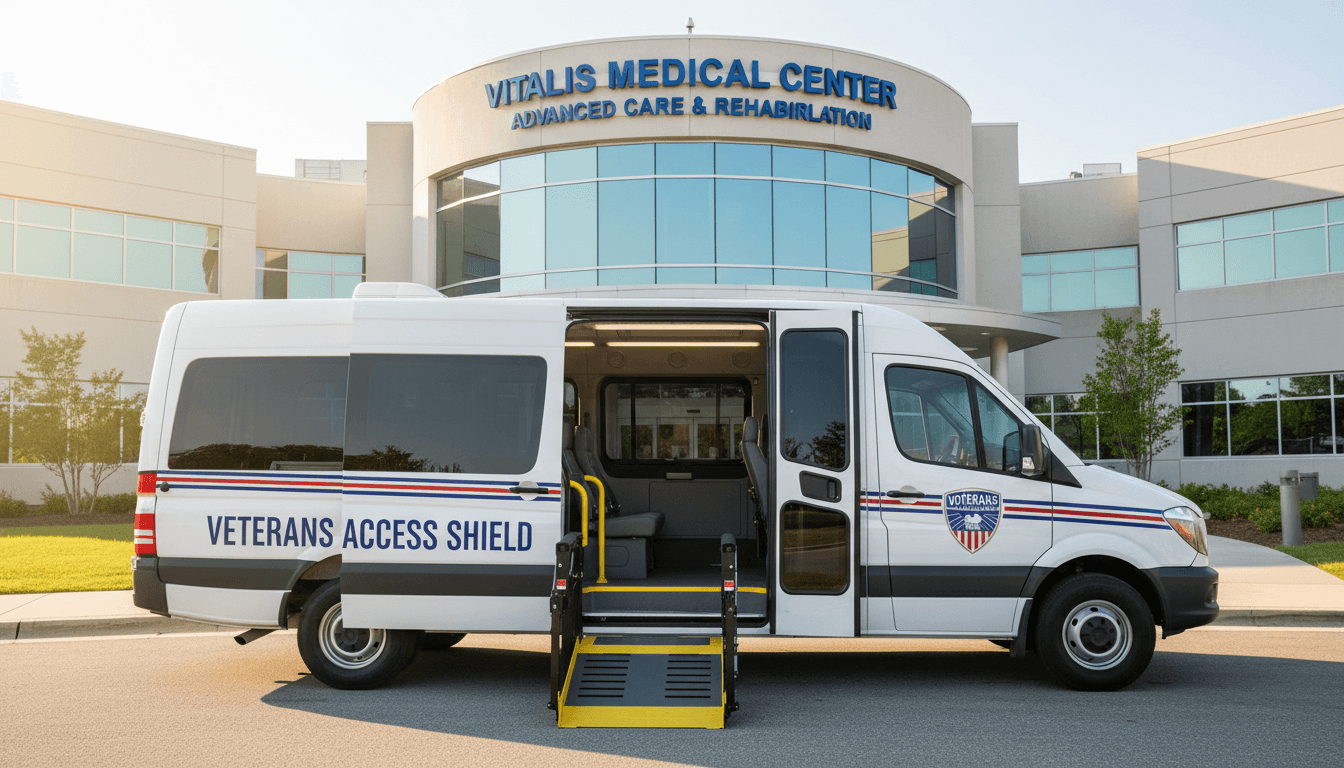 Veteran transport vehicle at a modern medical facility, conveying professionalism and care.
