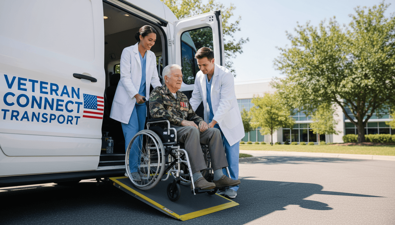 Patient being assisted into a wheelchair transport van