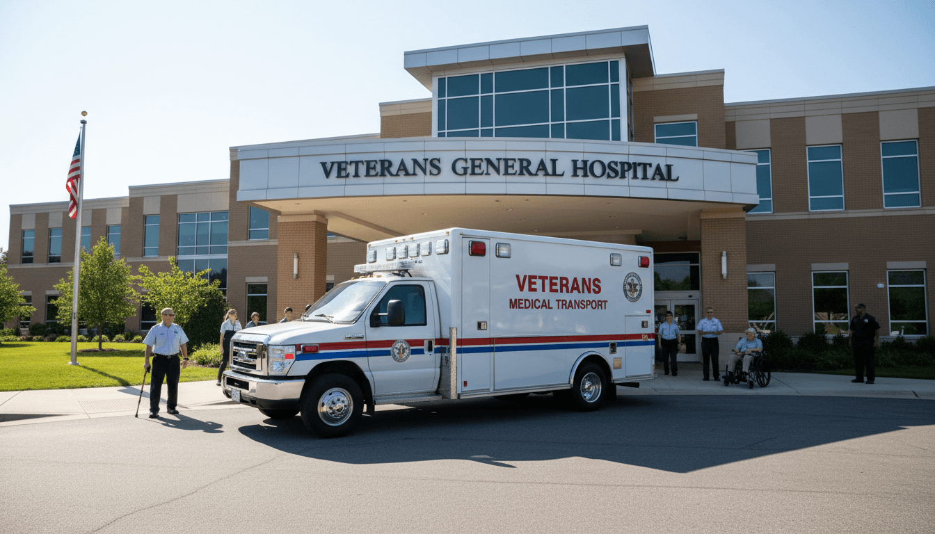 Professional wheelchair-accessible van outside a modern government or hospital building.