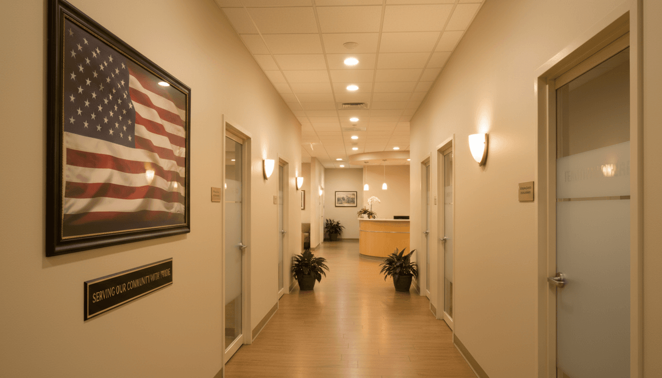 Healthcare corridor with patriotic accents
