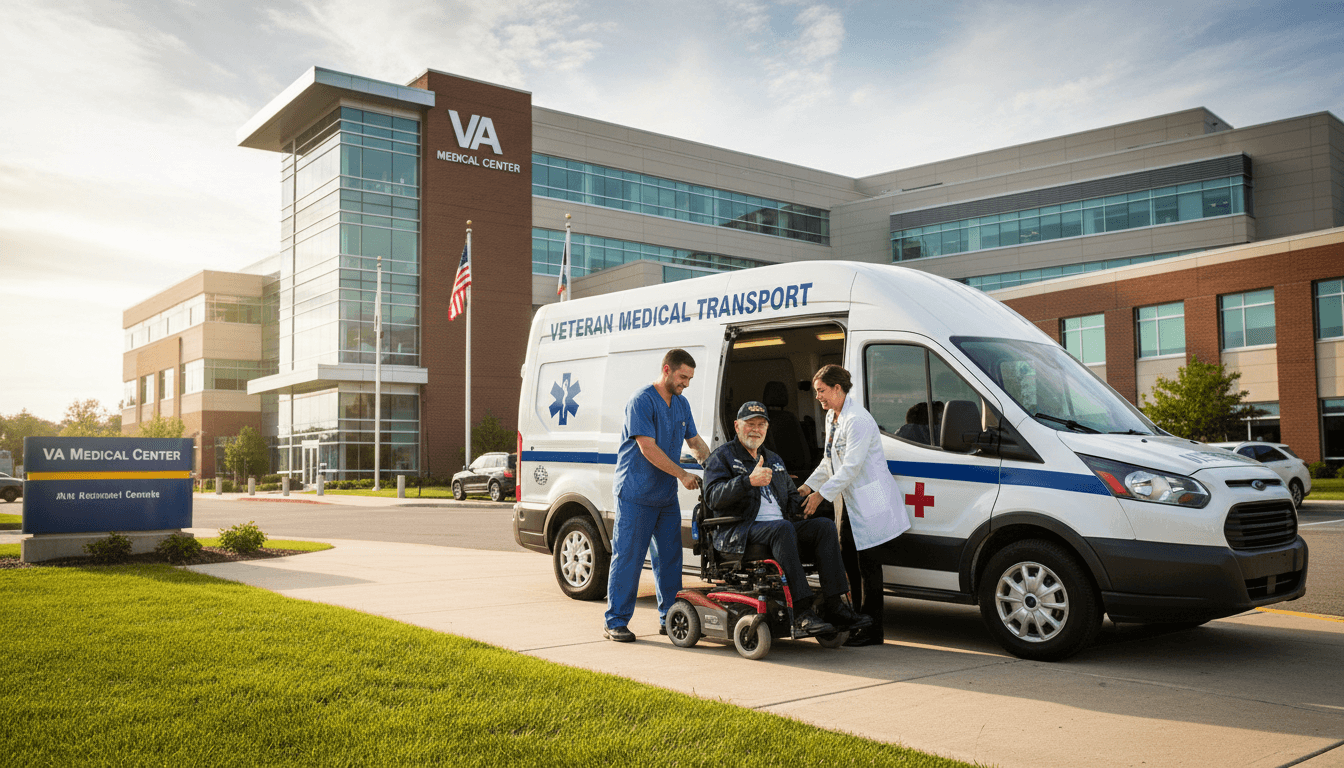 Medical transport van parked outside a VA hospital, professional staff nearby