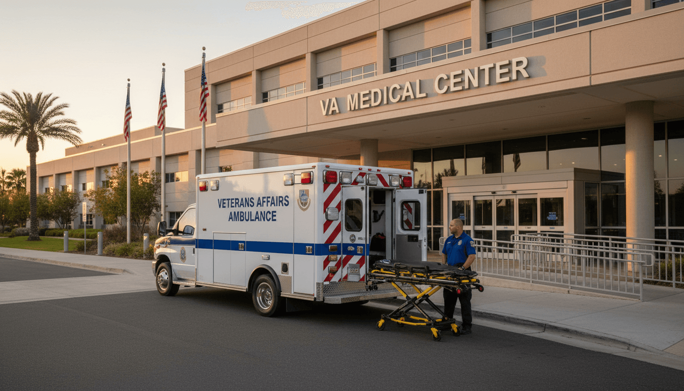 Ambulance parked outside a VA medical facility