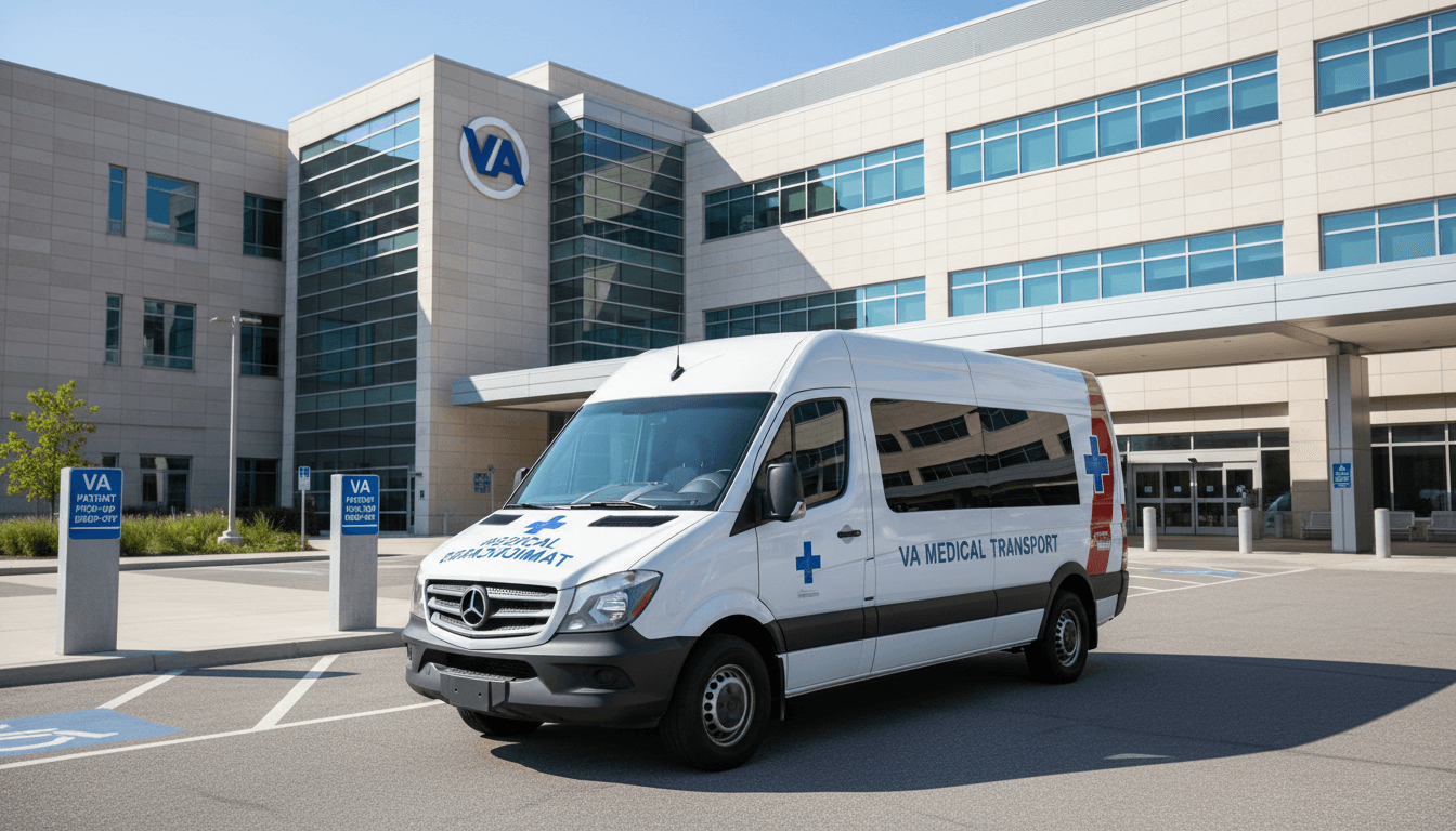 Medical transport vehicle parked outside a VA hospital in daylight