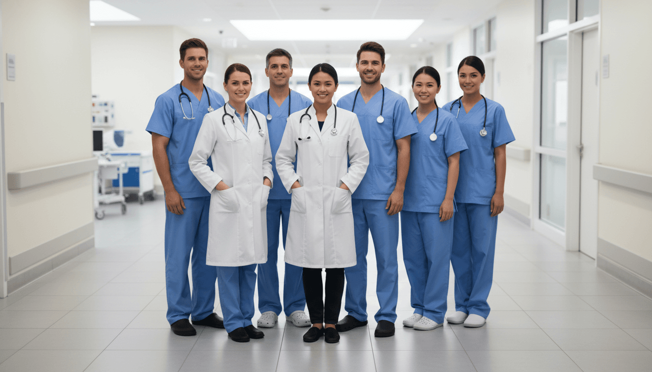 Medical staffing team in a hospital corridor