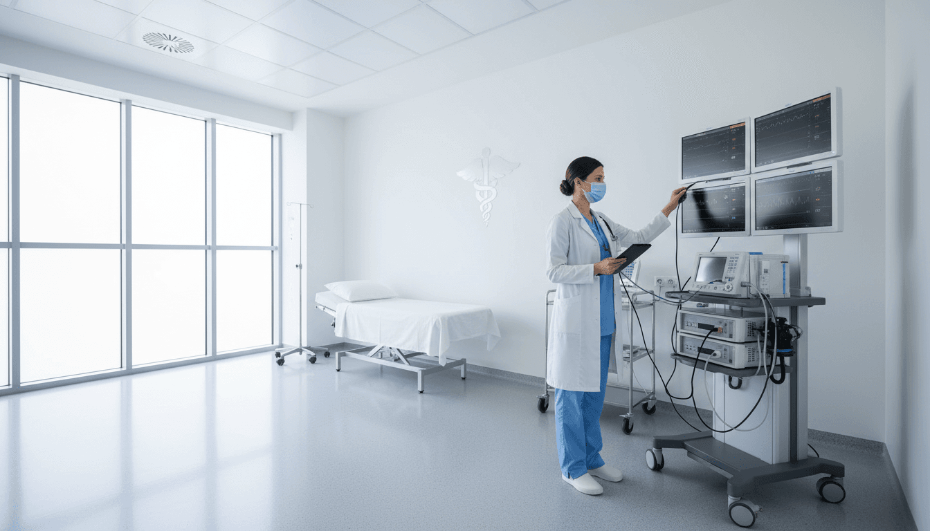 Nurse inspecting medical equipment