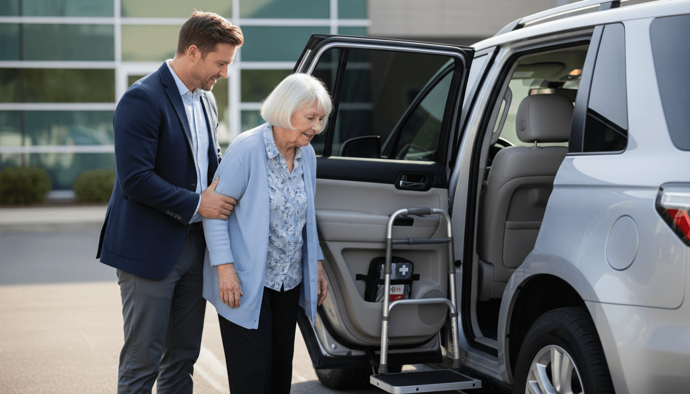 Professional attendant assisting a patient into a wheelchair-accessible van
