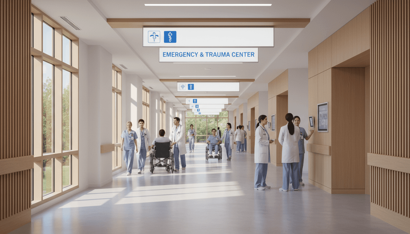 Modern VA medical facility with ambulance and American flag