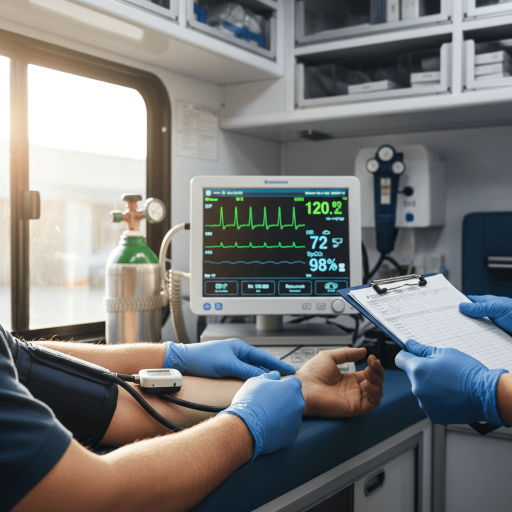 Nurse checking vital signs of a patient during transport.
