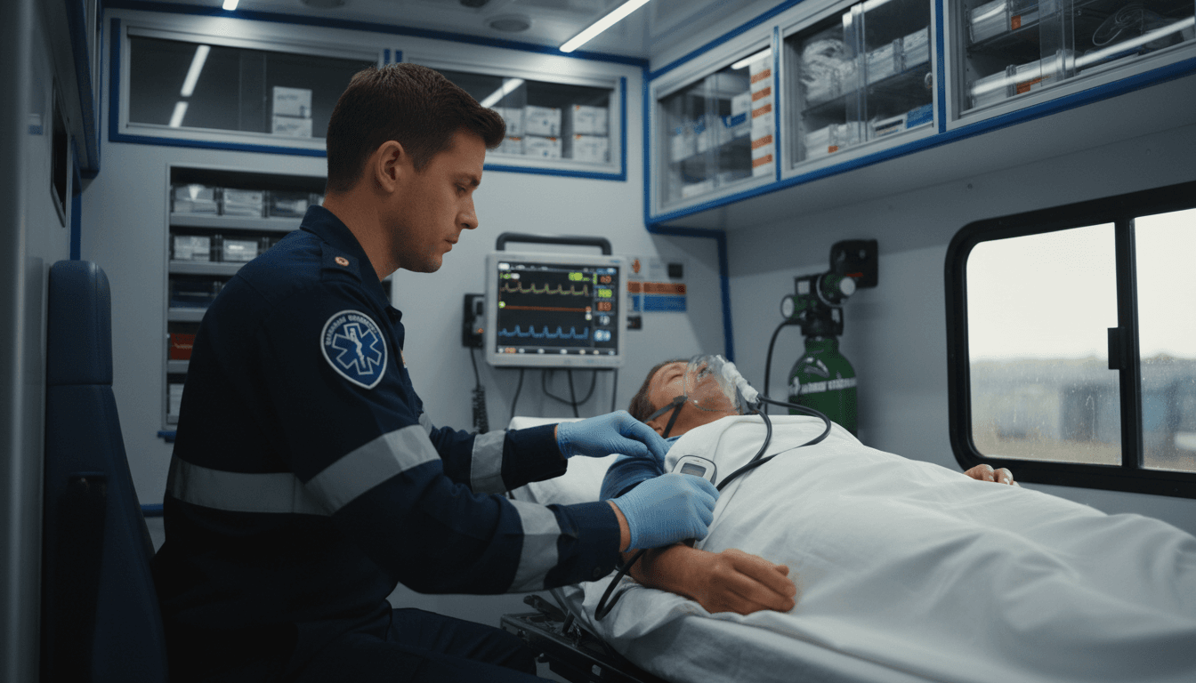 Interior of an ALS ambulance showing cardiac monitor and medical equipment.