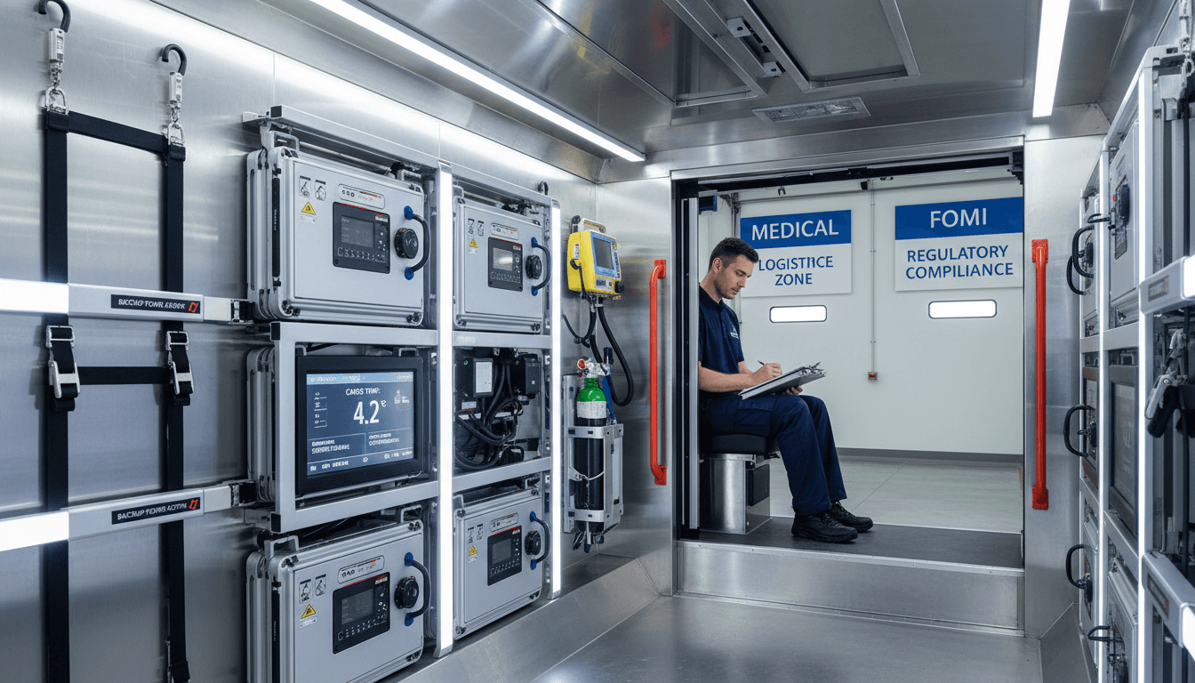 Critical care transport ambulance interior with ventilator and infusion pumps.