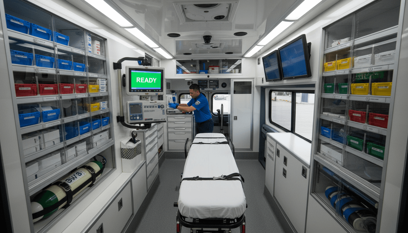 Paramedics preparing a gurney inside a clean ambulance bay.